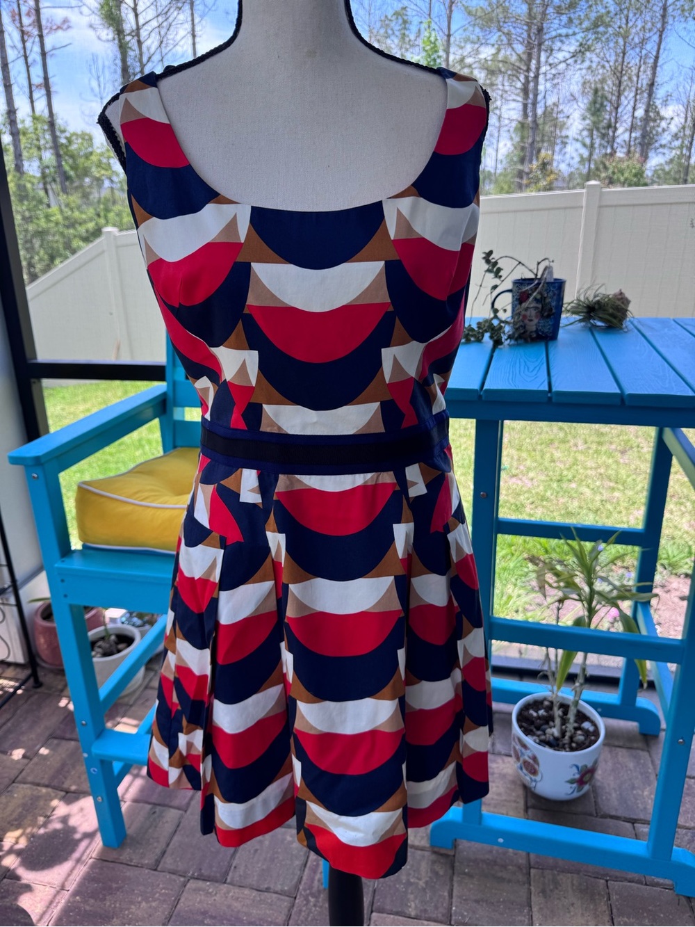 Sleeveless Geometric Print Fit & Flare Dress in Navy, Red, Cream